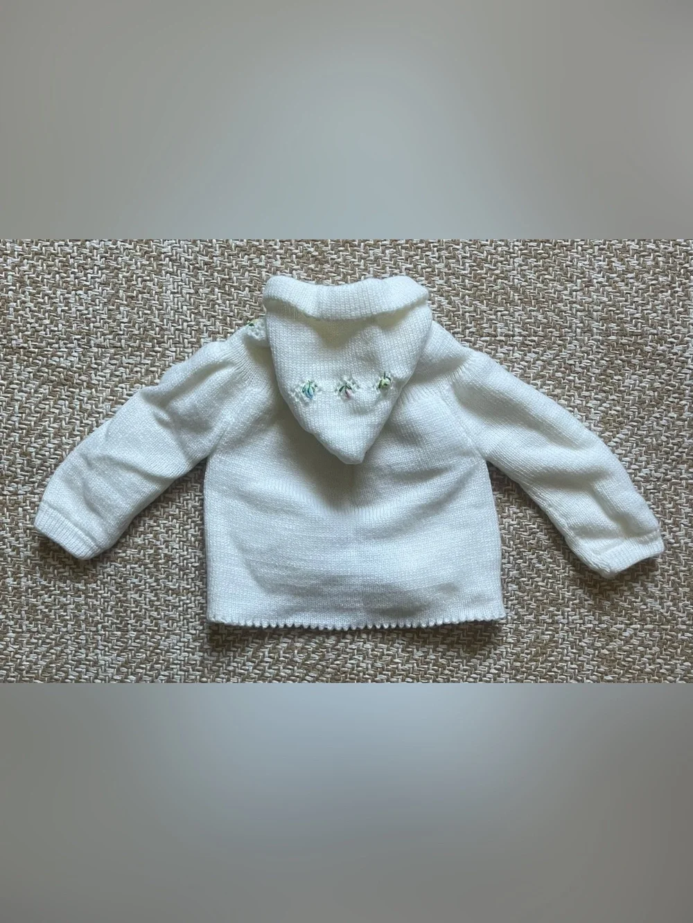 Vintage White Hand-Knit Baby Cardigan Sweater Pixie Hood Floral Embroidery